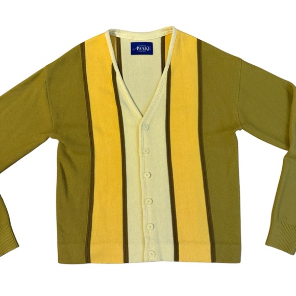 Awake NY Men's Wool Striped Yellow Cardigan Size XL - Picture 3 of 7
